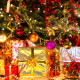 Decorated Christmas tree with various gifts. Christmas and New Year celebration. Holiday Christmas s